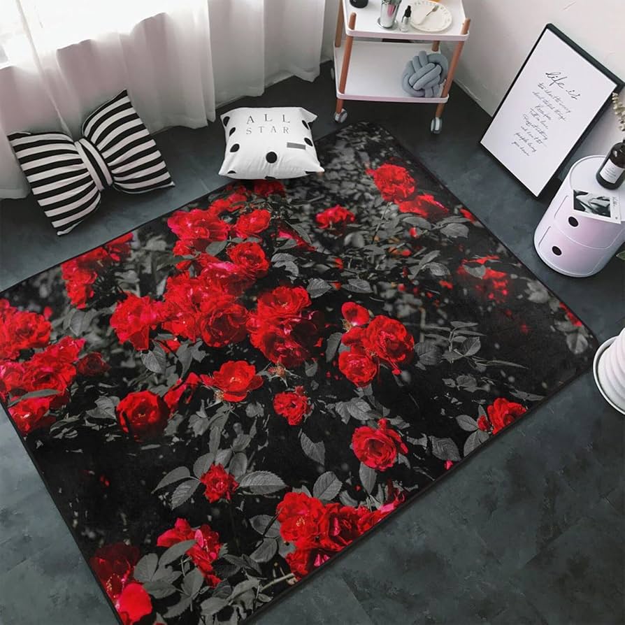 Amazon | 赤と黒 薔薇 花柄 カーペット 長方形 ラグマット ラグ 絨毯