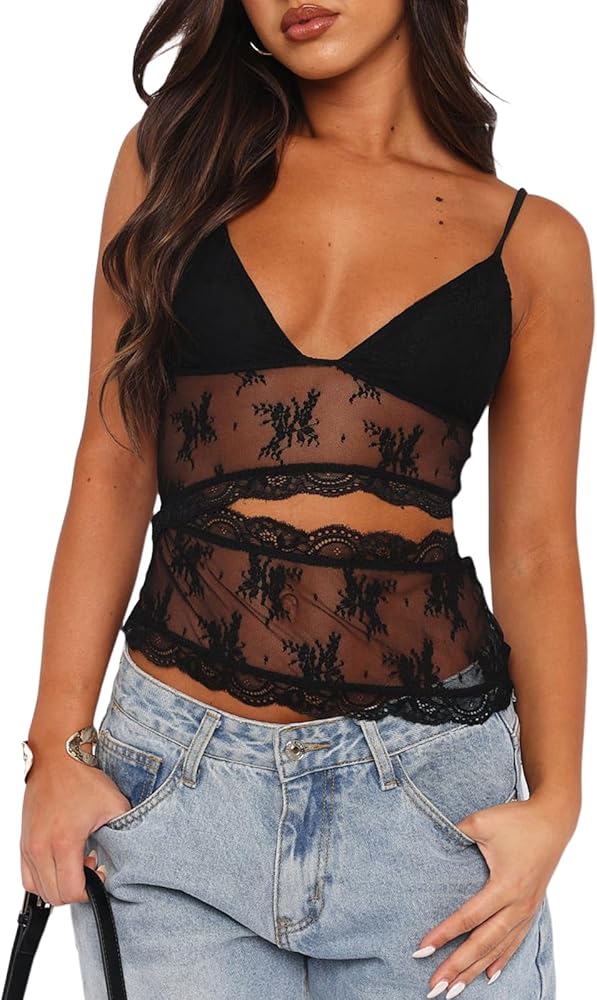 NUFIWI Women Y2k Lace Cami Tank Top Floral Mesh Spaghetti Strap