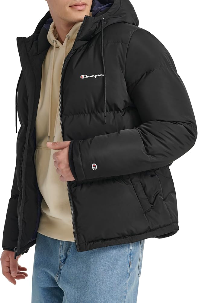 Champion Men's Quilted Full-Zip Hooded Puffer Jacket, Black, Small