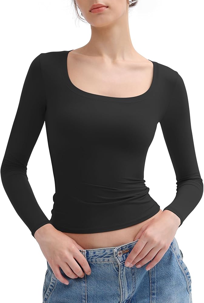 PUMIEY Women's Long Sleeve T Shirts Scoop Neck Slim Fit Going Out