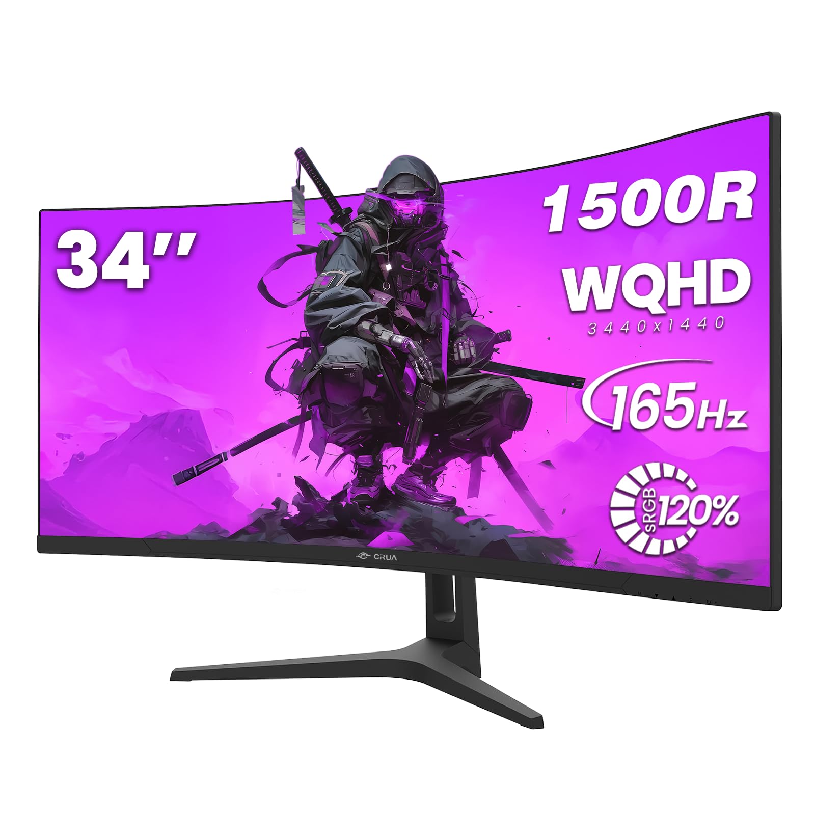 CRUA 34 Inch Curved Gaming Monitor, 21:9 WQHD 3440x1440 165Hz