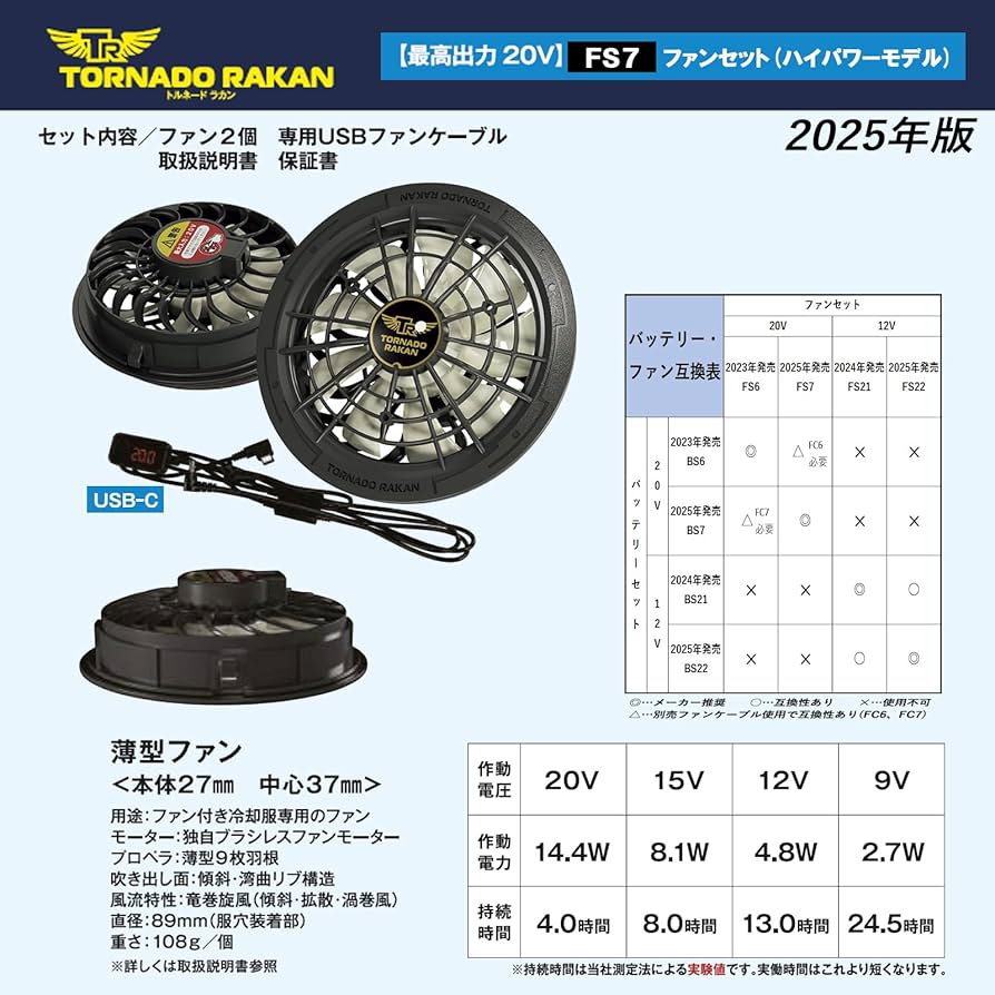 Amazon.co.jp: [TORNADO RAKAN] 2025年 空調作業服 最強風14.4W(20V)-4