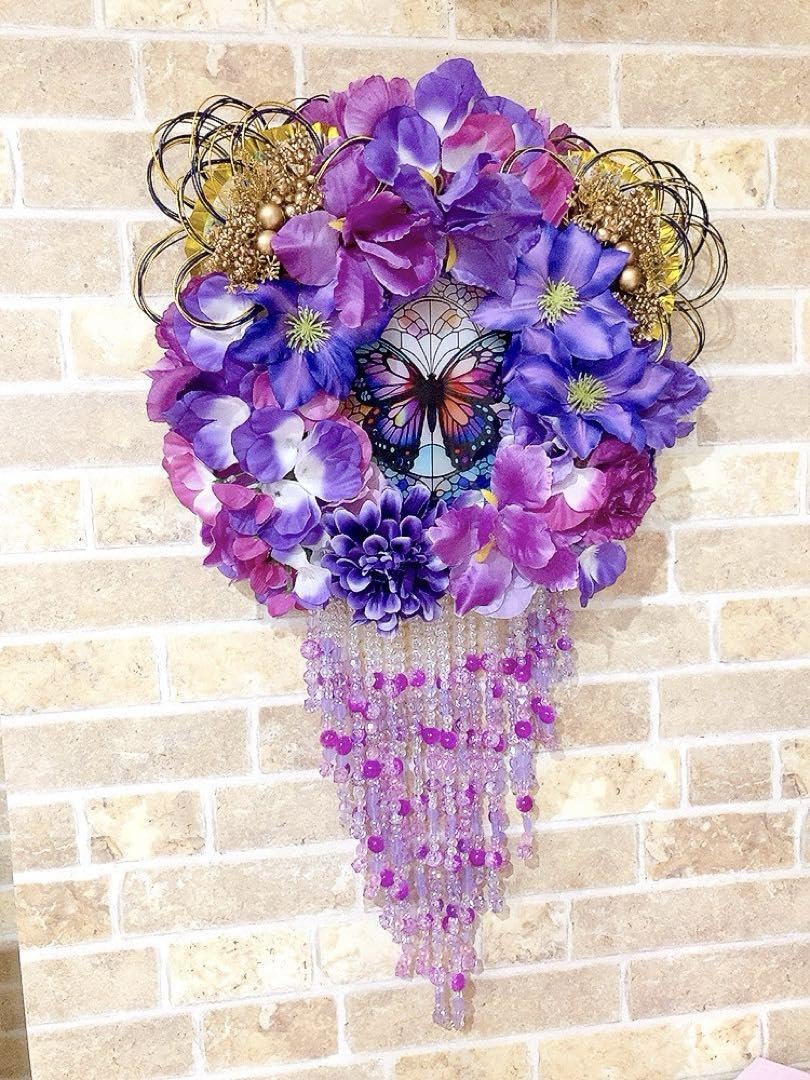 Amazon.co.jp: 藤の花リース蝶のステンドグラス風サンキャッチャーと