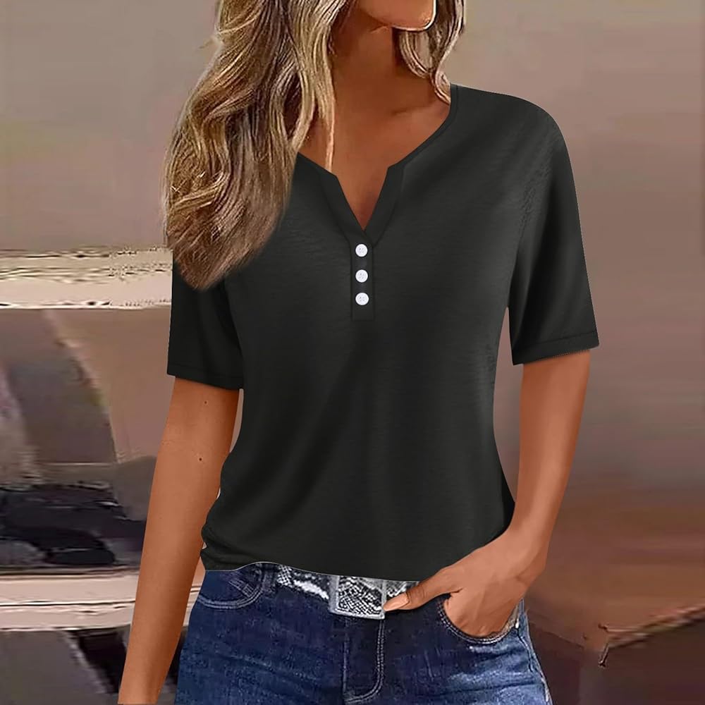 Womens Tops Short Sleeve V Neck Button Down Shirts Business Casual