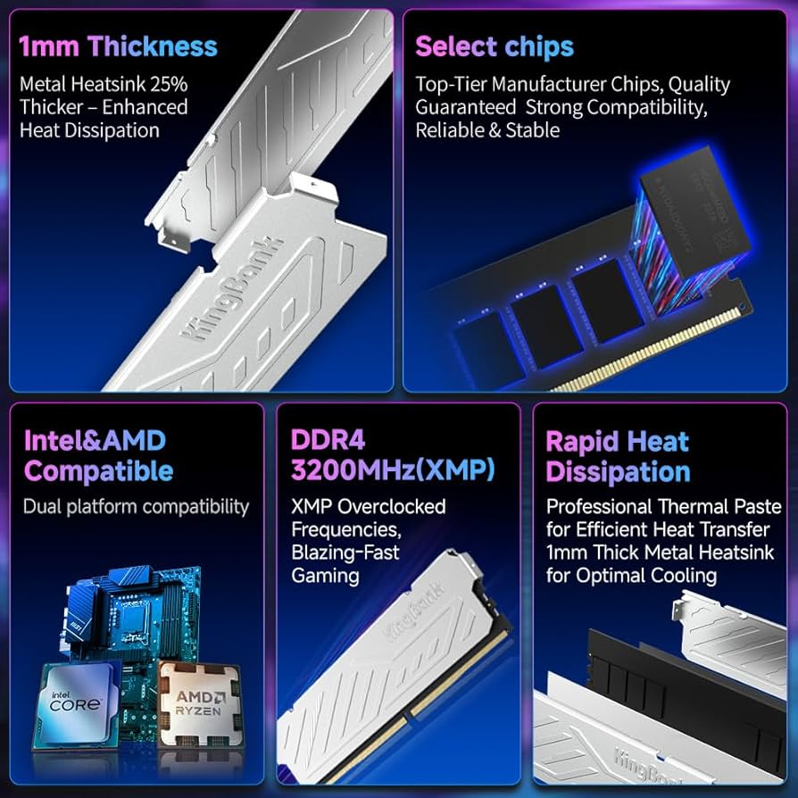 KingBank Computer Desktop Memory Ram DDR4 8GB 3200MHZ CL16 1.35V