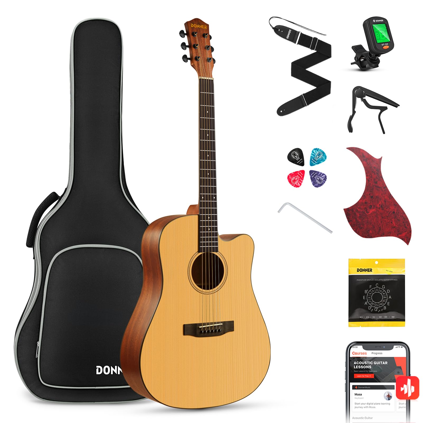Donner 41” Acoustic Guitar for Adults,Steel-Strings with Online
