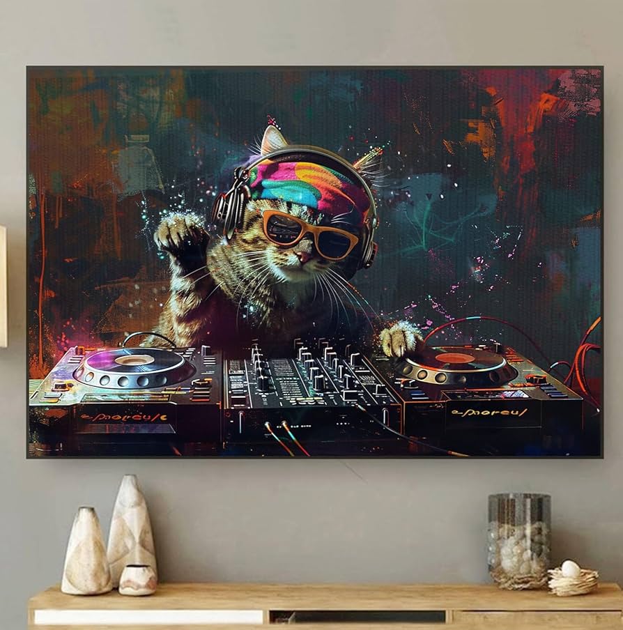 Amazon.com: DINHVBIEN9322 Canvas Print Wall Art- Cat Play DJ in