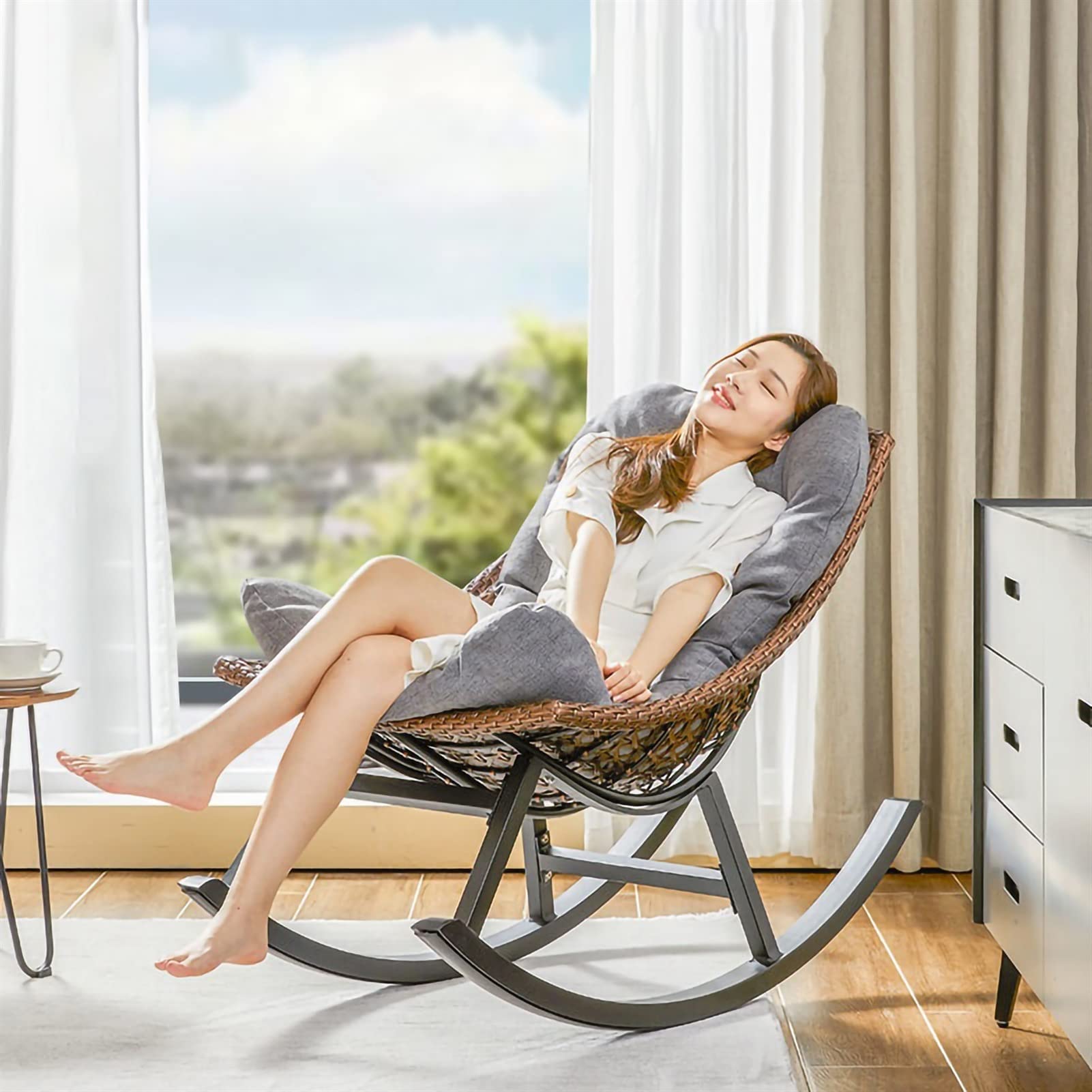 Amazon｜ロッキングチェア ラタン調 籐ロッキングチェア 戸外籐