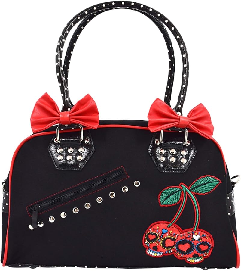 Lost Queen Cherry Bomb Skull Cherries Polka Dot Bow Handbag