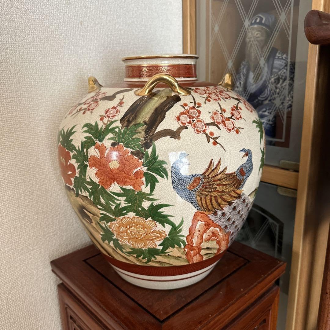 薩摩焼 瀧山作 栄盛窯 飾り壺 壷 金襴手 群鶴文 花鳥図 紋入 置物