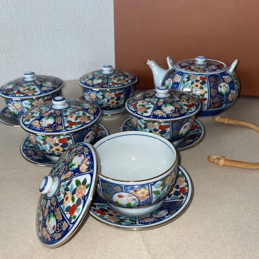 Amazon.co.jp: 彩窯青華古伊万里急須茶托付き蓋付き湯呑み5客セット金