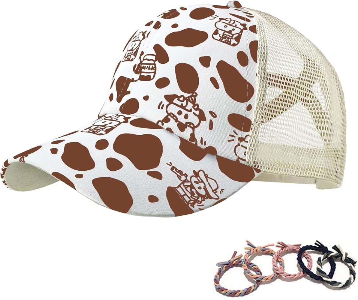 Cow Print Baseball Cap Cute Cow Ponytail Hats for Women Dad Sun