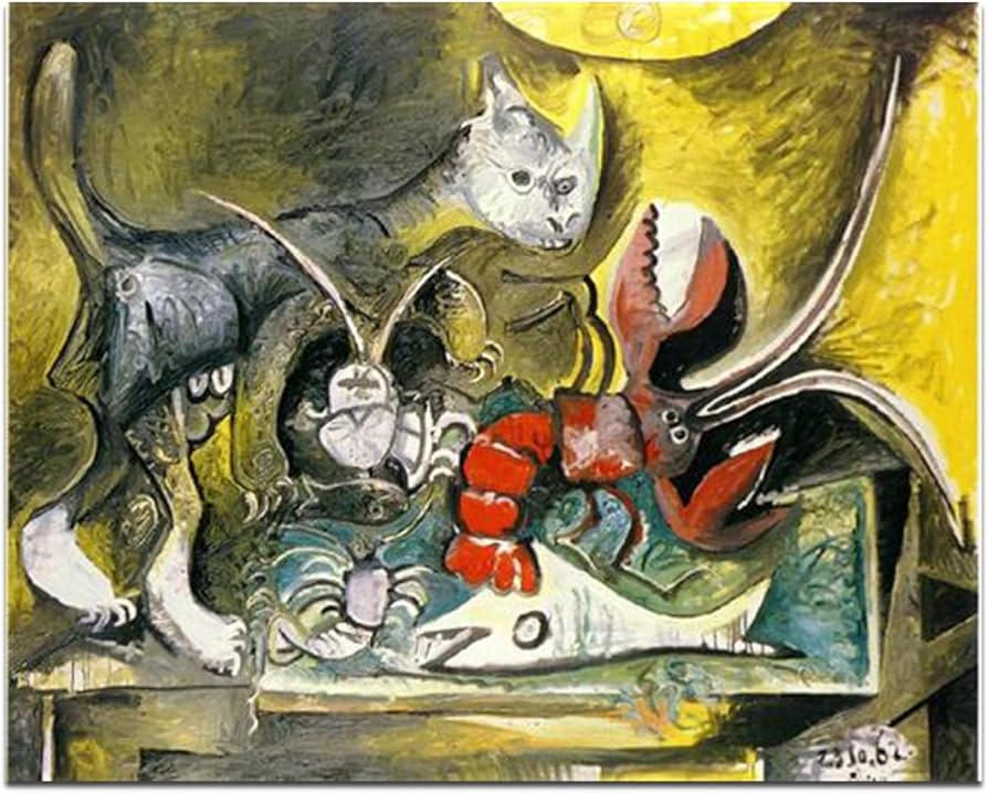 Amazon｜ピカソ絵画「猫とロブスターのある静物」。ピカソキャンバス