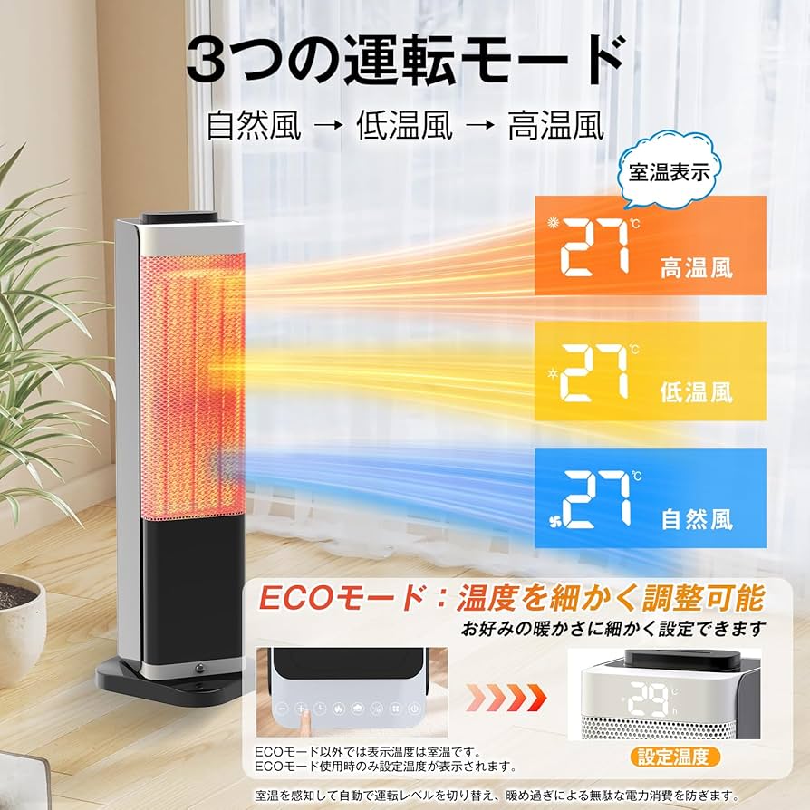 Amazon | セラミックヒーター タワー型【2026新登場・3D水蒸気LED暖炉