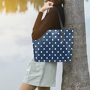 Amazon.com: susiyo White Polka Dots on Navy Blue Tote Bag with