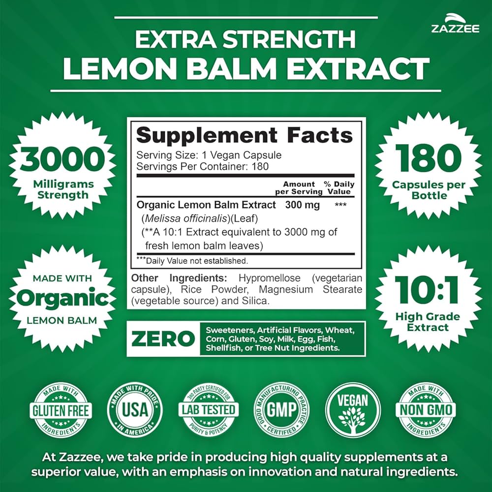 Amazon.com: Zazzee Organic Lemon Balm 10:1 Extract, 3000 mg