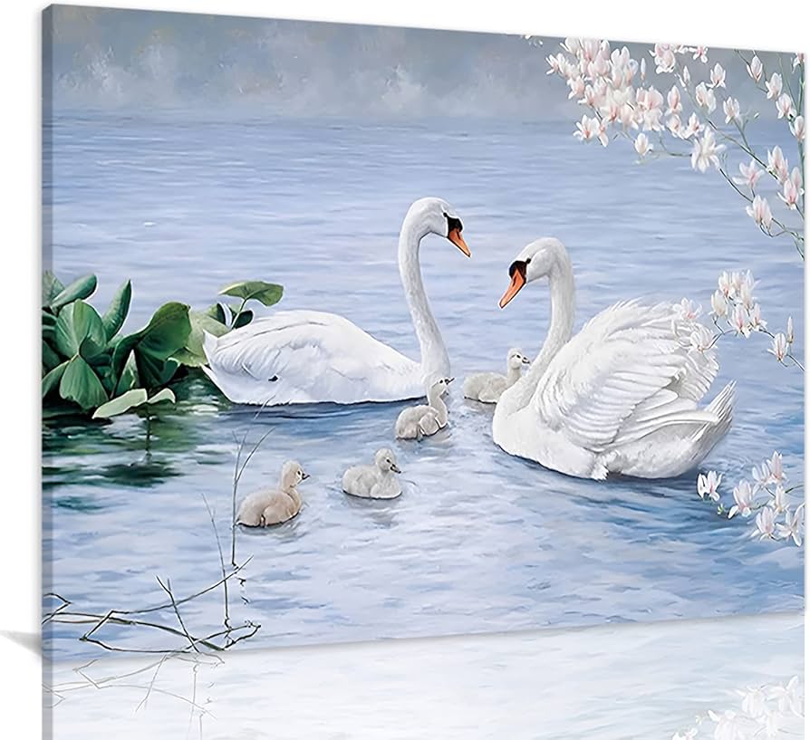 Amazon｜キャンバスプリント ウォールアート 白鳥 家族 アート 絵画 壁