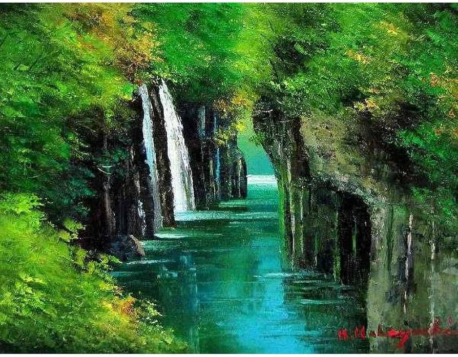 真作保証】 流月真一 新緑の穂高連峰 油彩 風景画 油絵 絵画 美術品