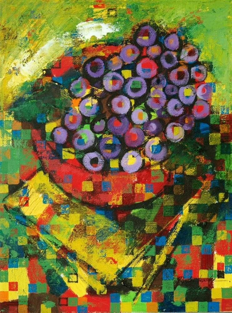 油絵 菅家令子絵 絵画インテリア額付(青緑＋金色の枠)uF6-060603花瓶壺