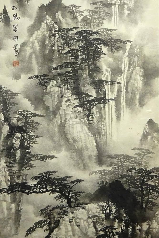 昭和レトロ 中国山水 山水図 彩色山水 春山 水墨画 掛軸 骨董品 絵画 飾り
