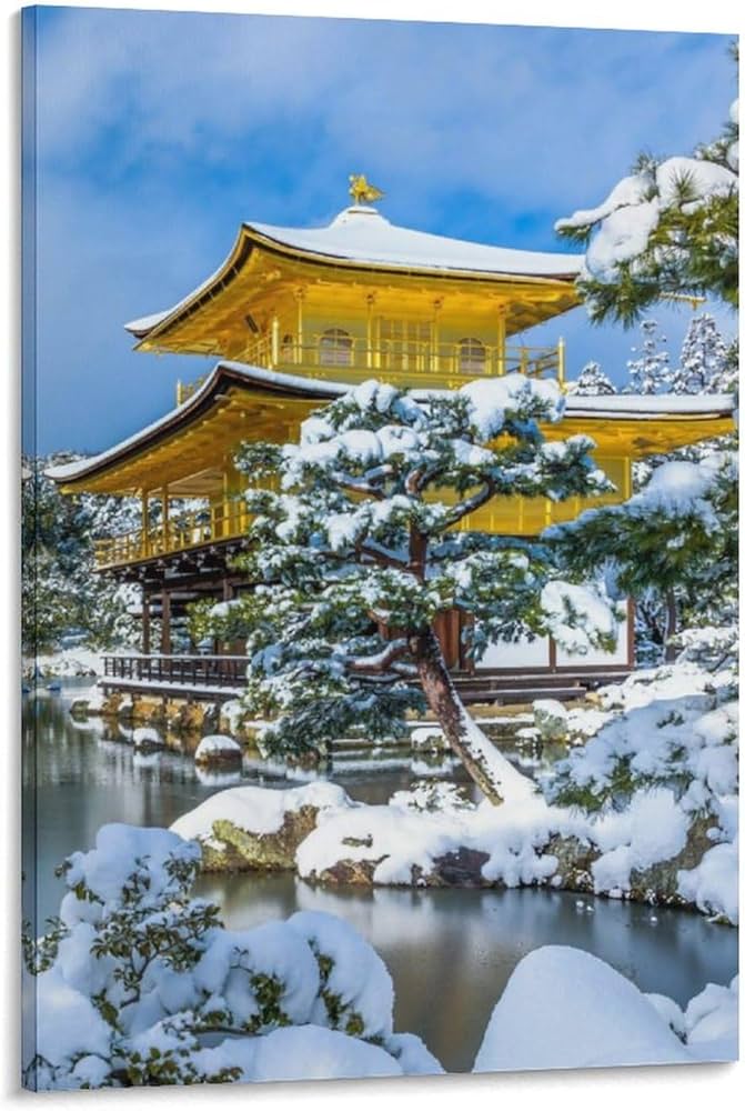 Amazon.co.jp: 絵画 金閣寺冬の雪景色インテリア 絵画 寺院の風景