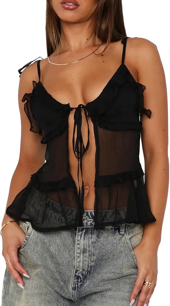 NVRENJIA Women Tie Front Sheer Mesh Top Y2k Sexy Split Cami Tie
