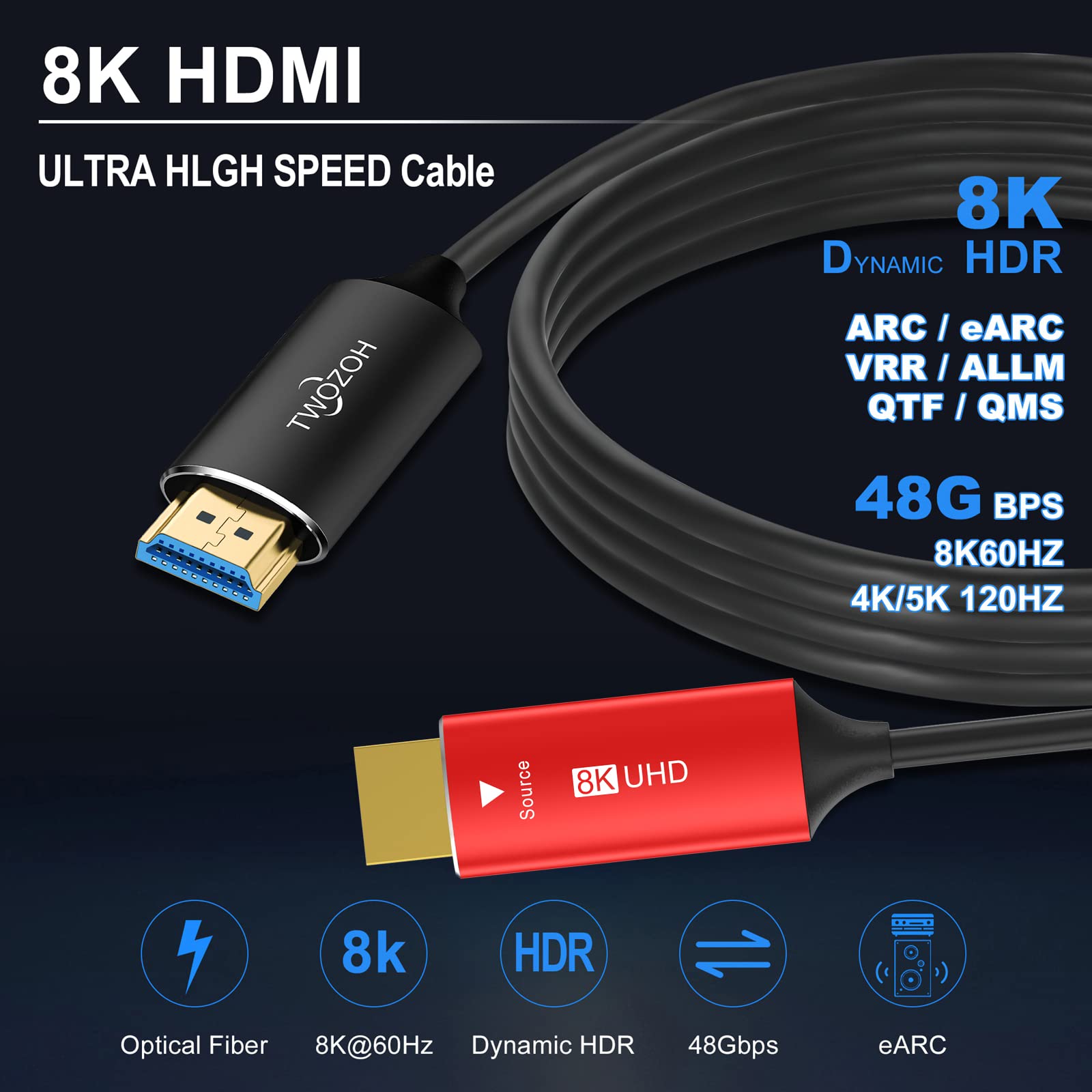 Amazon | Twozoh 8K ファイバー HDMI ケーブル 15M 高速HDMI 2.1 光