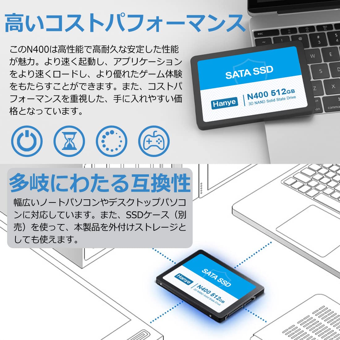 Amazon | Hanye 512GB 3D NAND TLC採用 内蔵型 SSD 2.5インチ 7mm