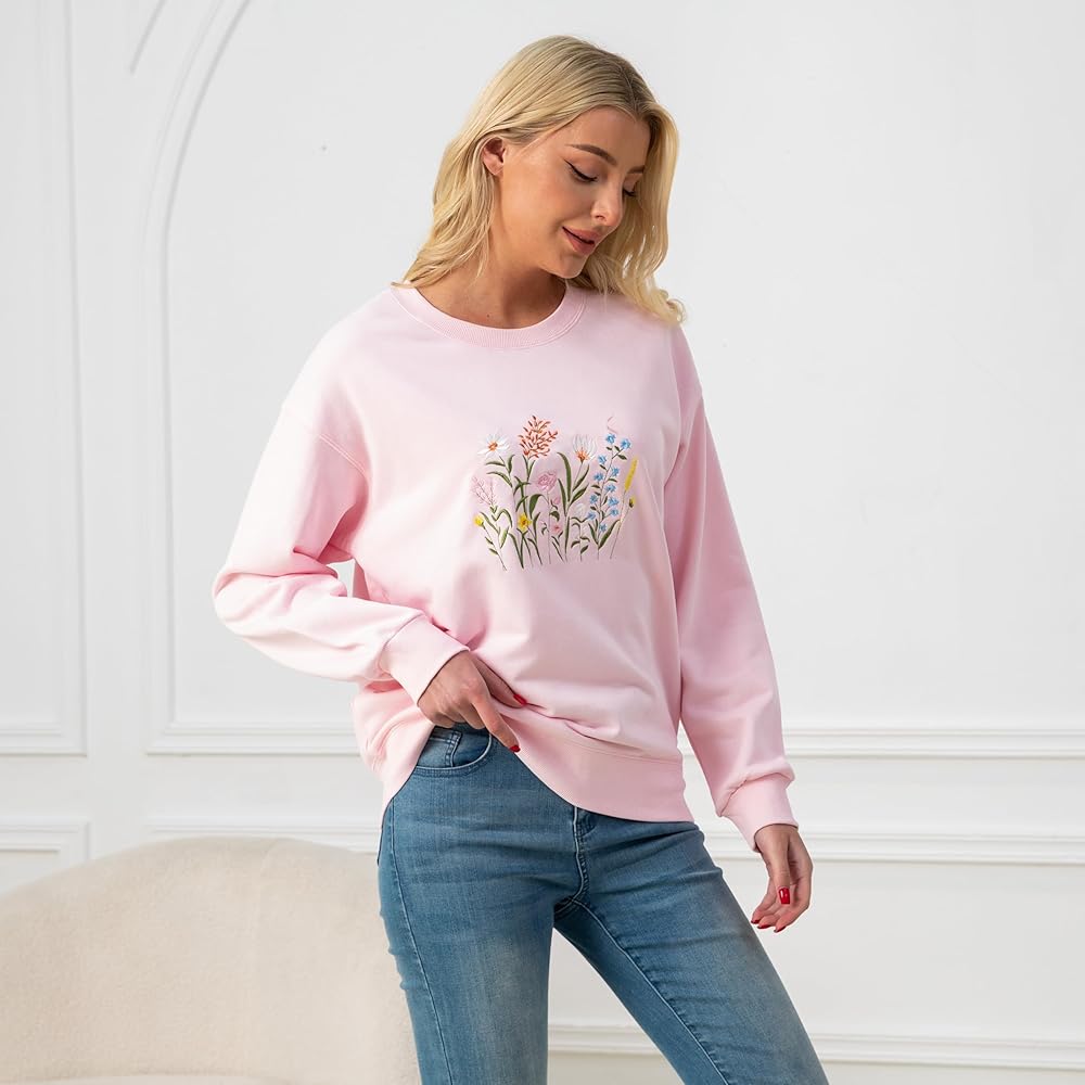 ELAIXV Wildflower Botany Embroidered Oversized Sweatshirt for