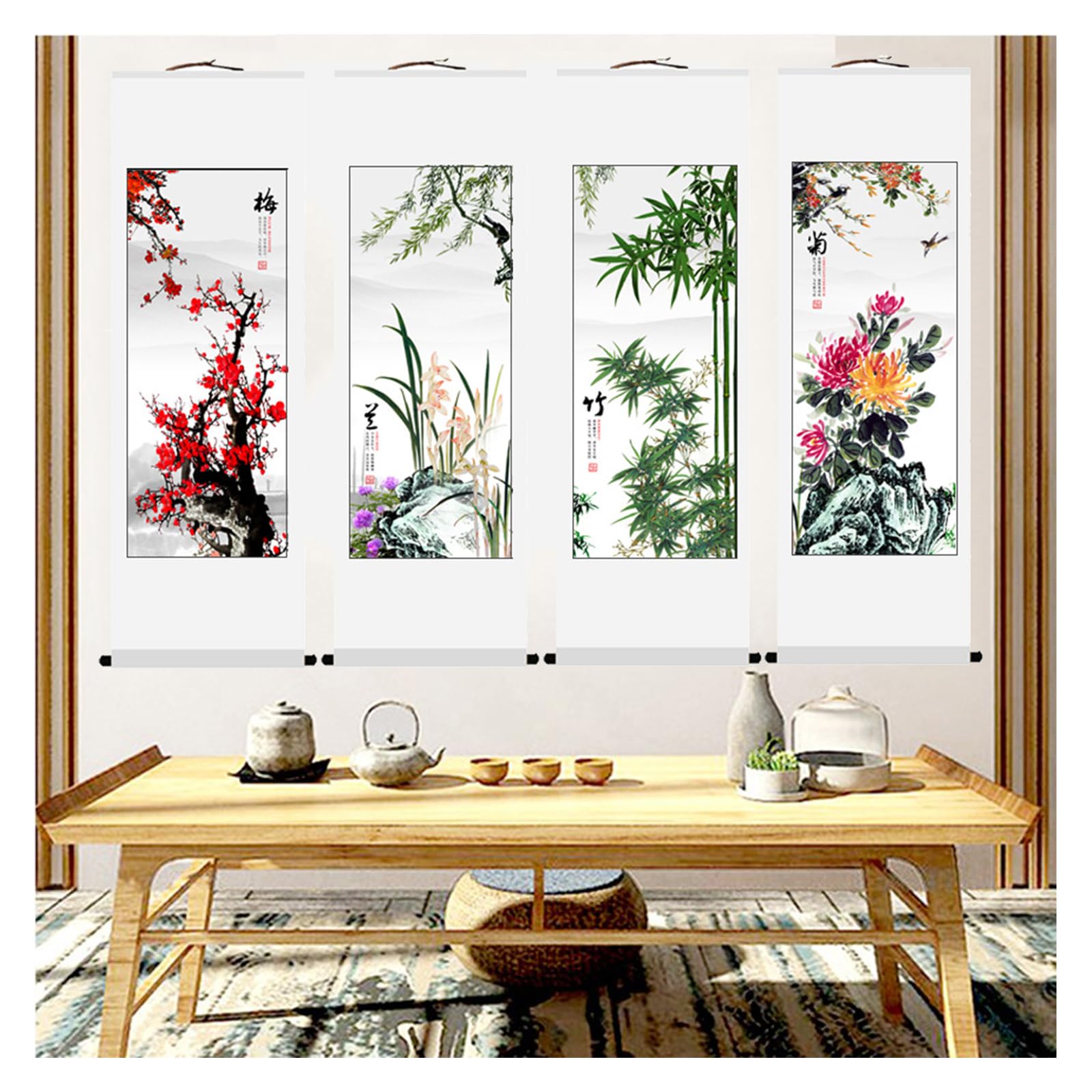 Amazon.co.jp: 掛け軸 梅蘭竹菊 四君子図 4枚組の絵 人気 現代の