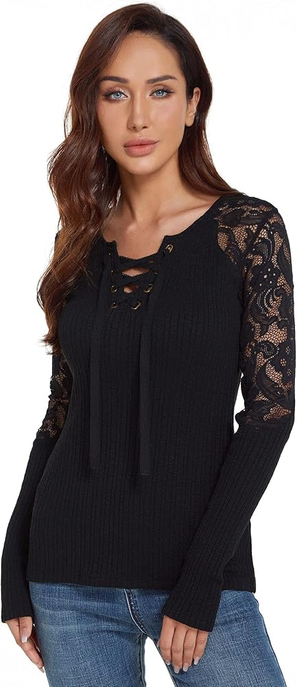 AmélieBoutik Women Floral Lace Inset Lace Up Ribbed Long Sleeve