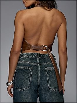 SOLY HUX Women's PU Leather Halter Tank Tops Sexy Deep V Neck