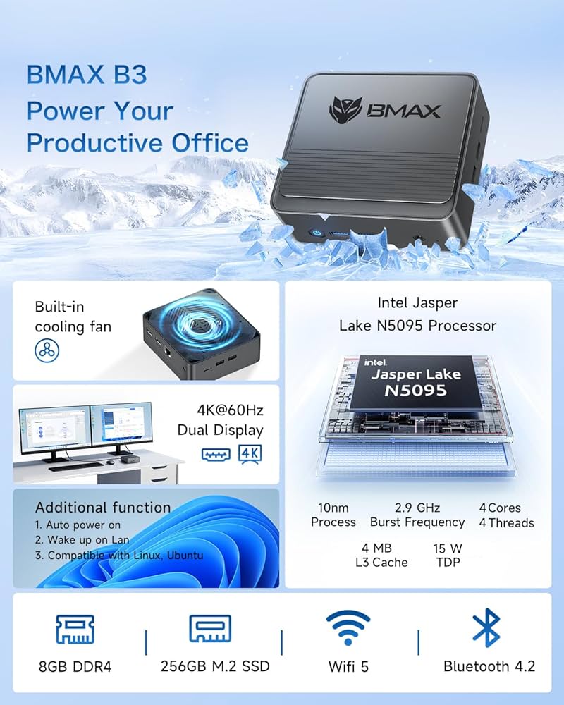 Bmax B3 Mini PC, Intel N5095 4C/4T (Up to 2.9GHz, Beats N150/N95