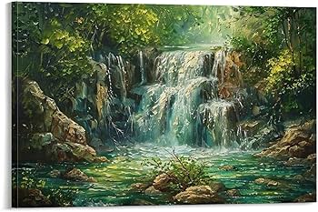 Amazon.co.jp: 絵画 深い山と古い森の滝インテリア 絵画 油絵イラスト