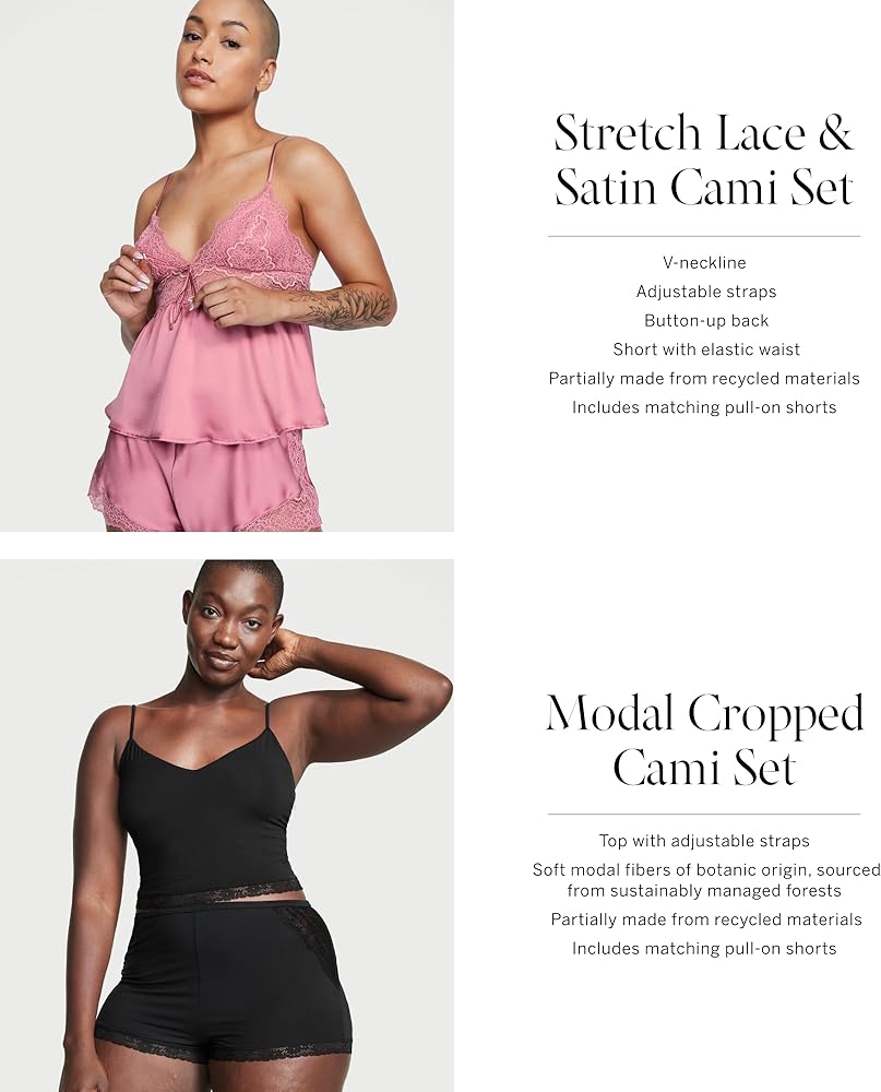 Victoria's Secret Stretch Lace & Satin Cami Set (XS-XL), Black