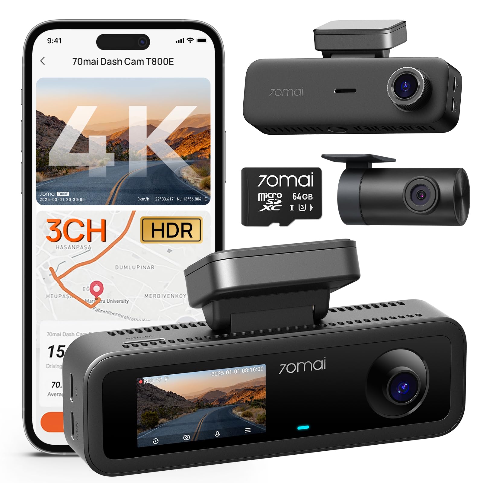 70mai 4K Dash Cam Front and Rear Inside, 3 Channel Car Dash Camera