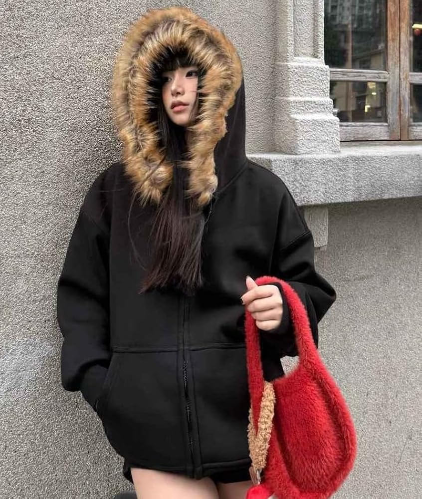 Amazon.com: Grunge Fur Hood Zip Up Hoodie Women Teen Girls Y2k Emo