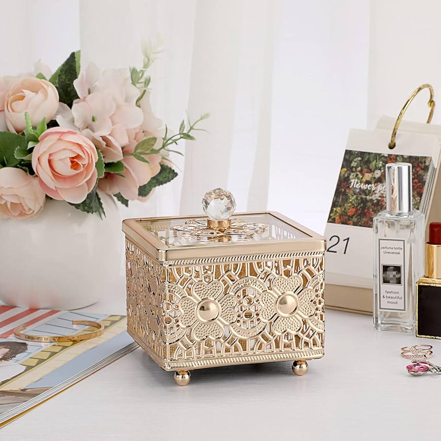 Amazon.com: Hipiwe Hollow-carved Metal Jewelry Box with Glass Lid