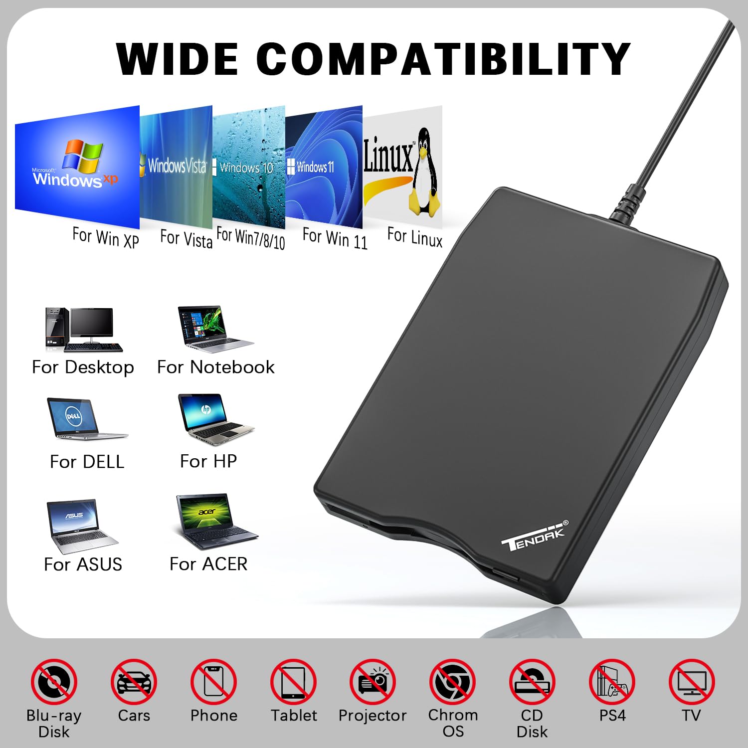 Amazon | Tendak USBフロッピーディスクドライブ 3.5インチポータブル