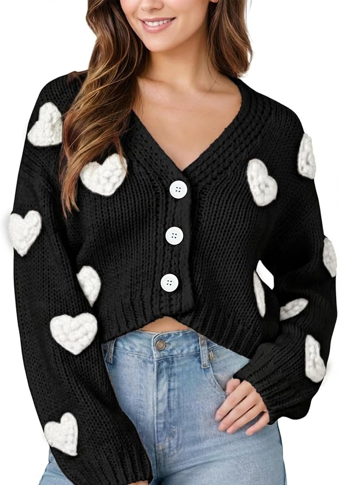 Women Valentines Day Cropped Cardigan Sweaters Love Heart Printed