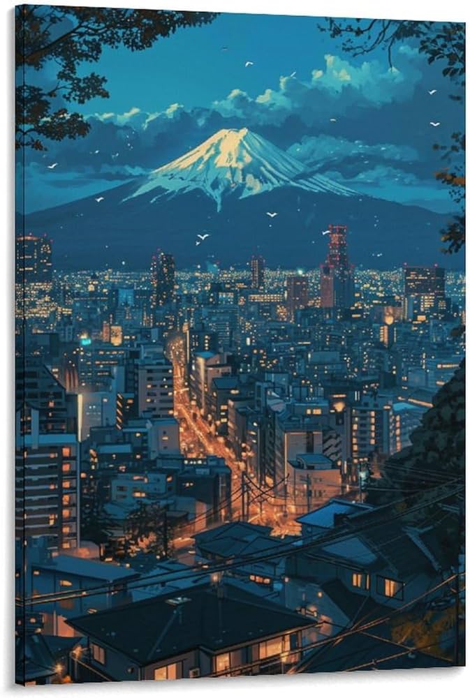 Amazon.co.jp: 絵画 富士山を望む都会の夜景インテリア 絵画 美しい
