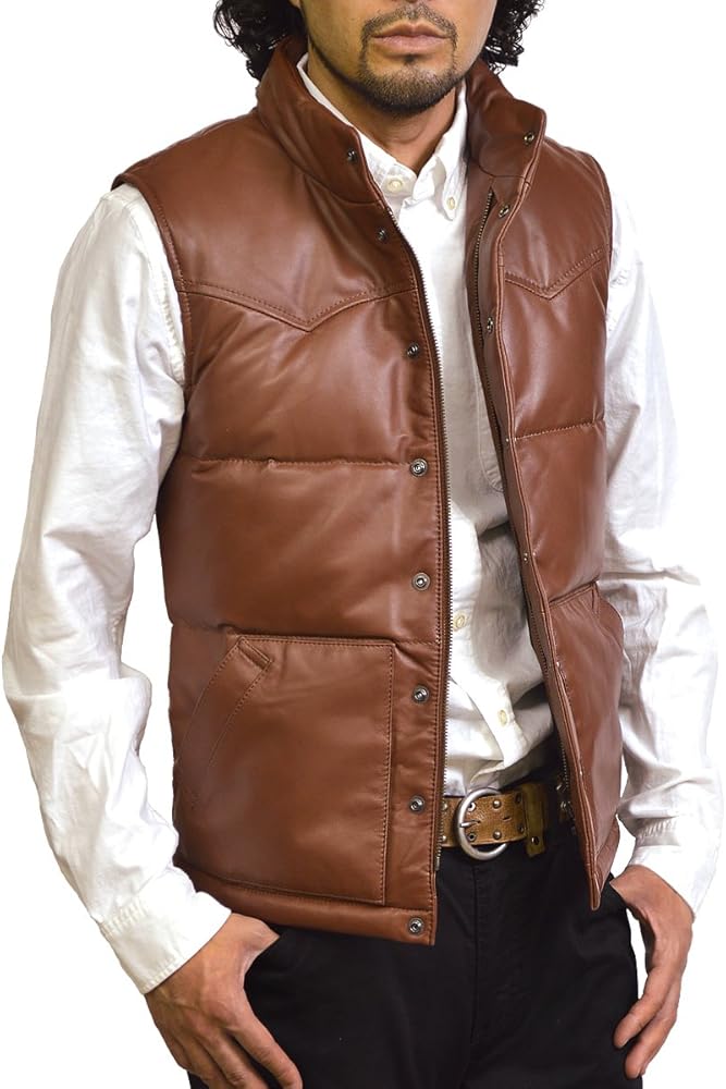Amazon | [ハルフ] ダウンベスト メンズ レザーベスト 本革ベスト