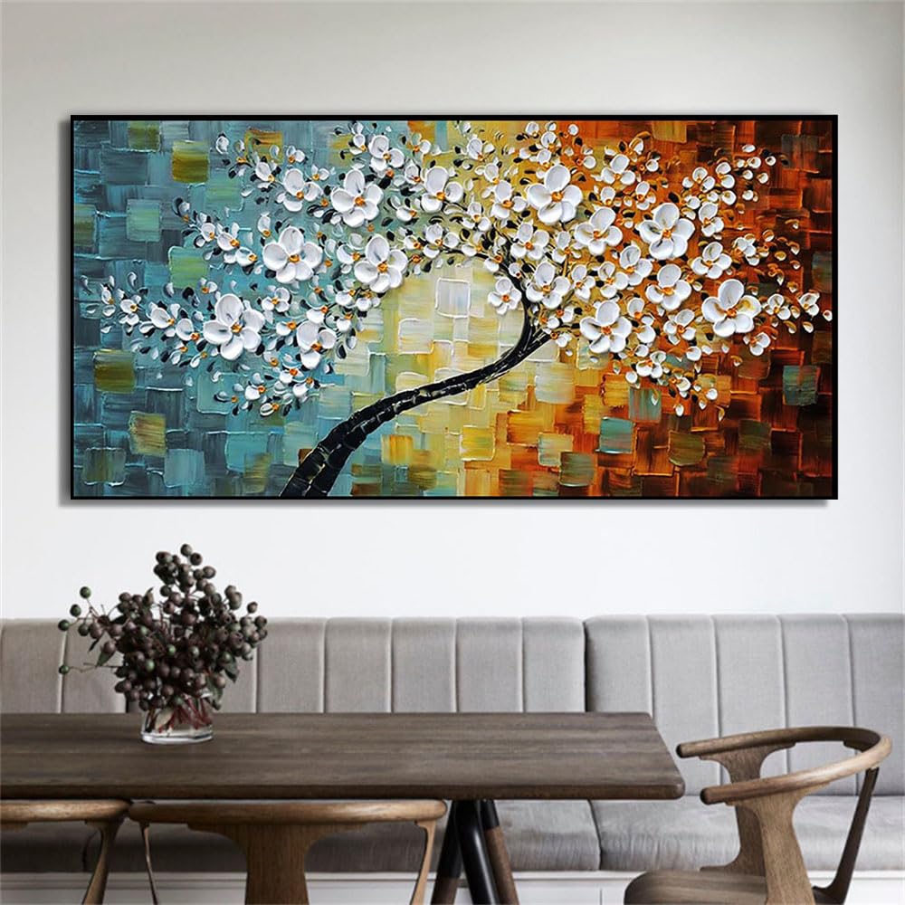 Amazon｜手描きの花の木横長油絵テクスチャーキャンバス手作り絵画壁