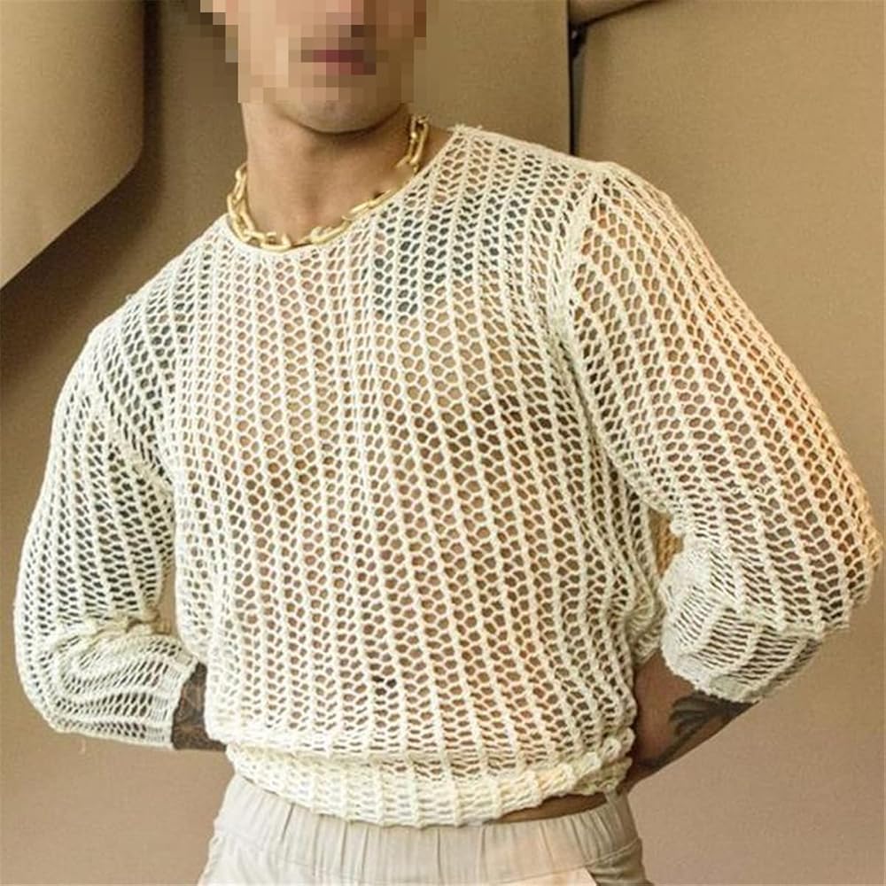 Men's Long Sleeve T-Shirt Woven Solid Color Mesh Knit Top, White