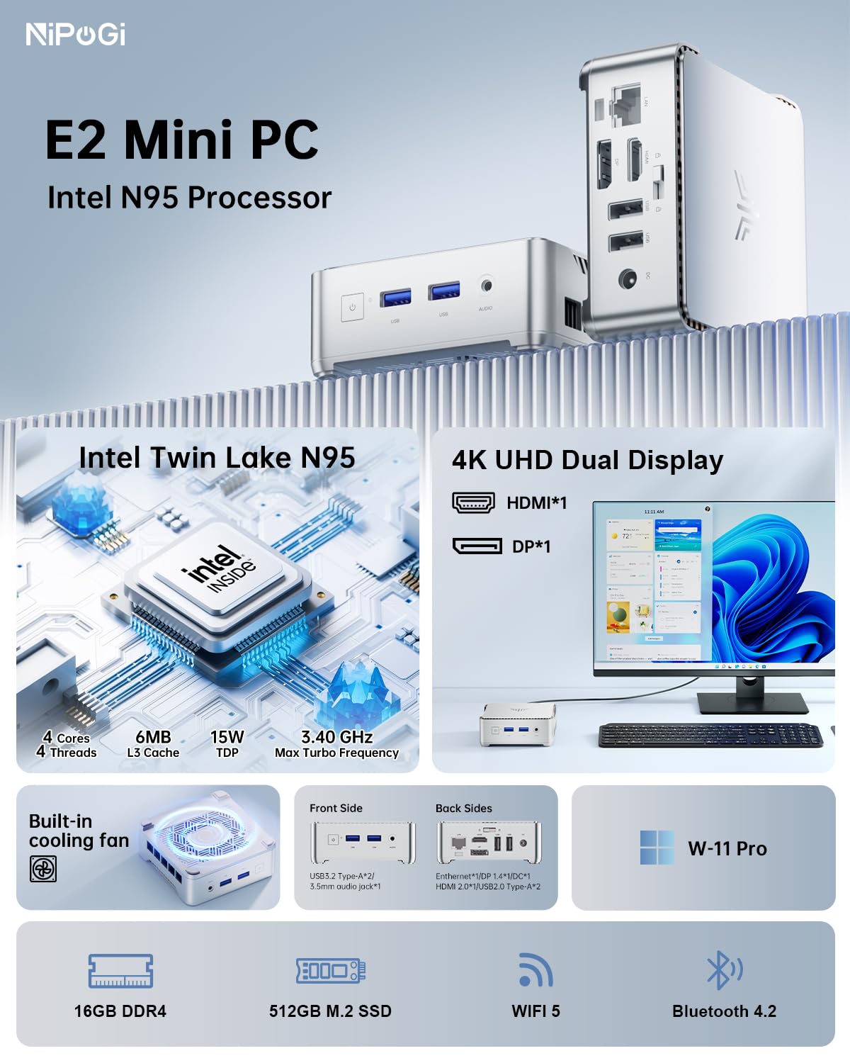 NiPoGi Mini PC 16GB RAM 512GB ROM, Intel Alder Lake-N95 3.4GHz