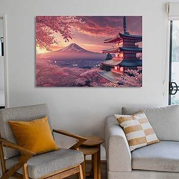 Amazon.co.jp: 絵画 夕暮れ時の富士山五重塔の桜インテリア 絵画