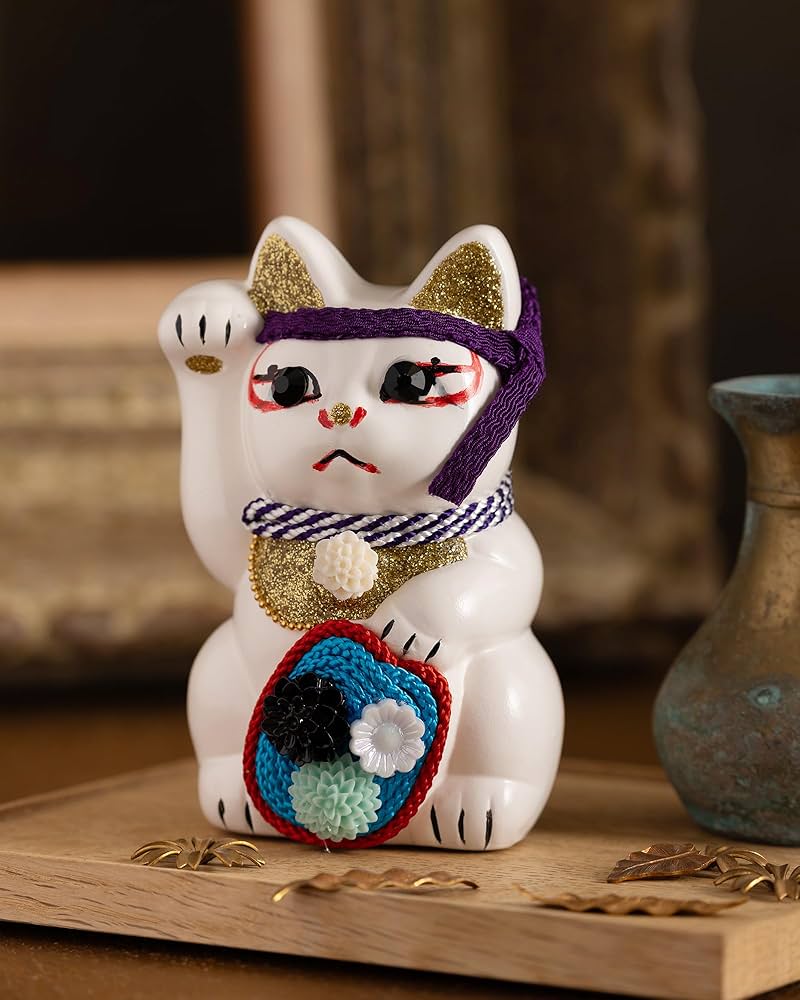 Amazon.co.jp: ご縁猫 歌舞伎 助六(S-SIZE 白 White）右手あげ/陶器