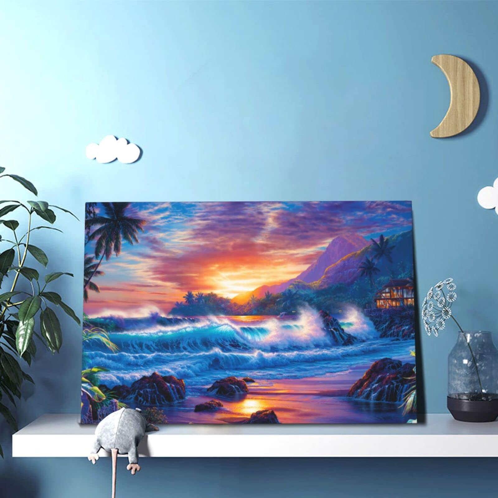 Amazon｜ZOJuX ラッセン カラフル 海景 輝く 島 波 夕日 熱帯植物 芸術