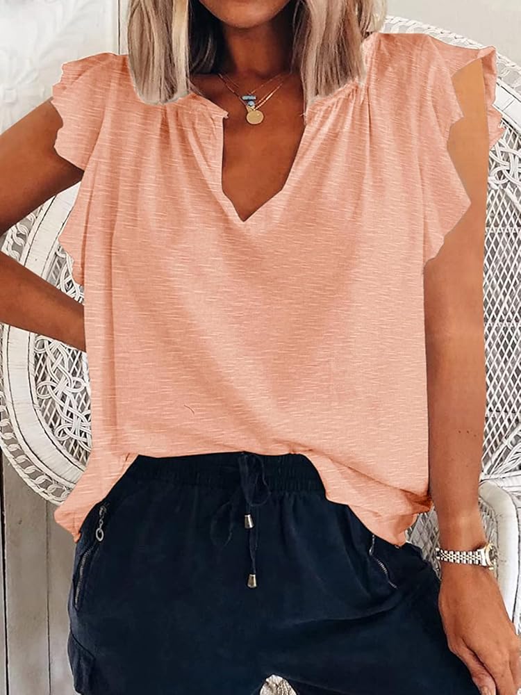 Ebifin Womens Plus Size Tank Tops V Neck Ruffle Sleeve Summer