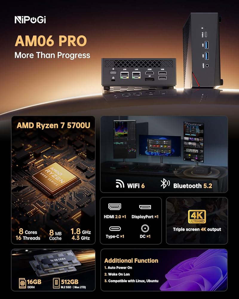 NiPoGi AM06PRO Mini PC Ryzen 7 5700U W-11 Pro (8C/16T,fino a 4,3